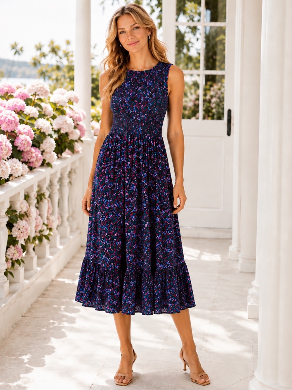 J.Crew Smocked Floral Sleeveless Tiered Midi Dress L Navy